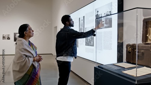 Man and Woman Observing Historical Exhibition in Museum With Digital Display and Artifacts