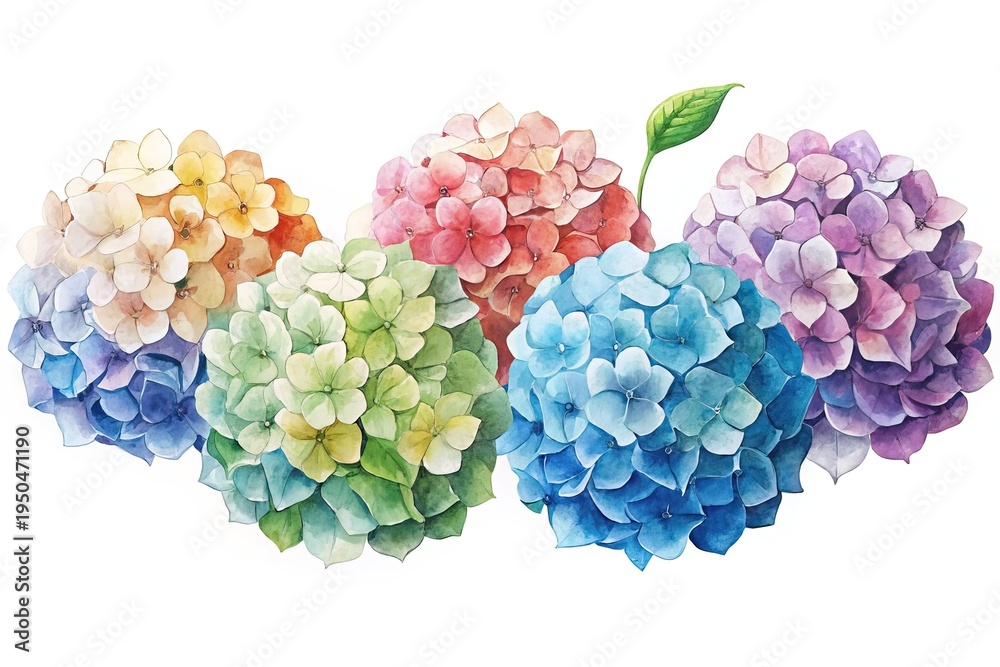 Fototapeta premium Watercolor Illustration of Colorful Hydrangea Flowers in Full Bloom on White Background