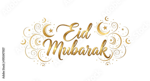 Eid Mubarak greeting card with golden crescent moons and stars