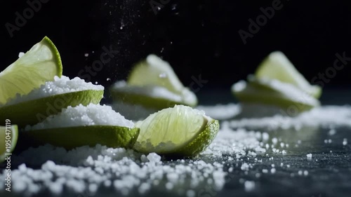 A close-up shot of limes and salt on a table, perfect for use in recipes or as a decorative accent