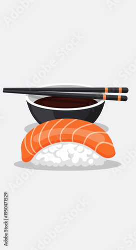 Salmon Nigiri Sushi with Soy Sauce and Chopsticks