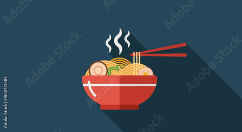 Steaming Bowl of Ramen Noodles with Chopsticks, Japanese Food Illustration