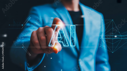 A man in a blue suit jacket interacting with ai