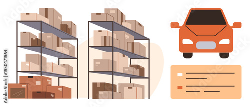 Supply chain management, logistics, storage, warehouse operations, transportation, inventory control. Shelves filled with boxes, a delivery vehicle and a checklist. Supply chain management