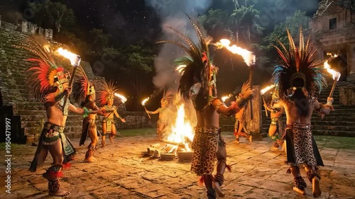Mayan Ritual Dance by Torchlight at Ancient Temple Pyramids under Starry Night Sky
