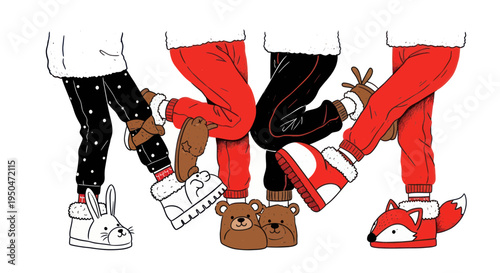 Cute Children Feet in Animal Slippers Dancing Together