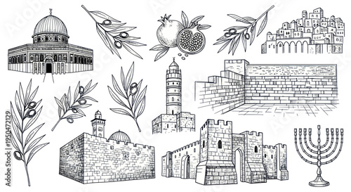 Jerusalem Landmarks Sketch: Dome of the Rock, Western Wall, Menorah, Olive Branches
