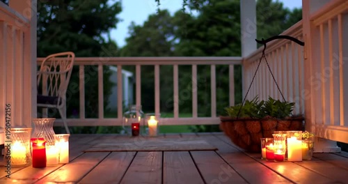 Candlelit Porch with Patio Furniture at Dusk.