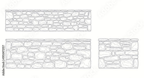 Stone Wall Sections, Rustic Dry Stack Construction, Architectural Element, Line Art