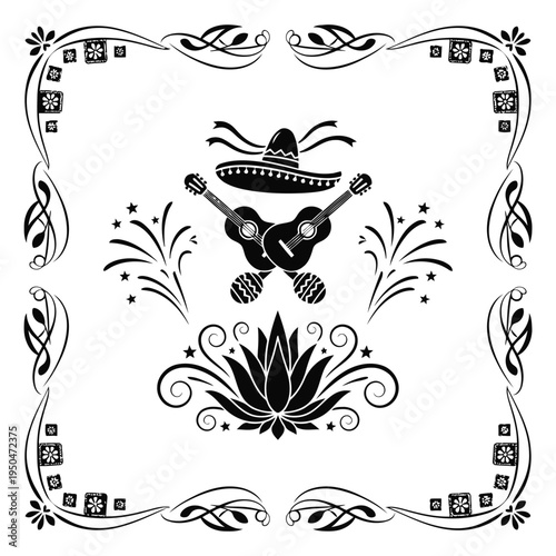 Traditional Mexican mariachi musician plays guitar surrounded by floral decorative border 