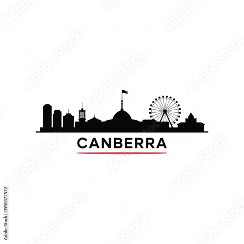 Canberra skyline silhouette with prominent landmarks and city name display