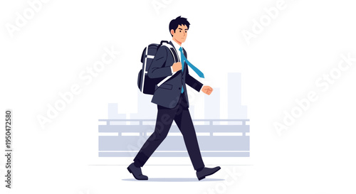 Businessman walking with backpack in city, modern business lifestyle, commute to work