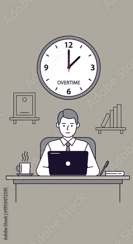 Businessman working overtime late at night, clock showing overtime