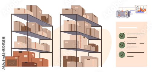 Inventory management, supply chain, logistics, warehouse organization, storage solutions, stock control. Shelves stacked with boxes, checklist and machine graphic. Inventory management and warehouse