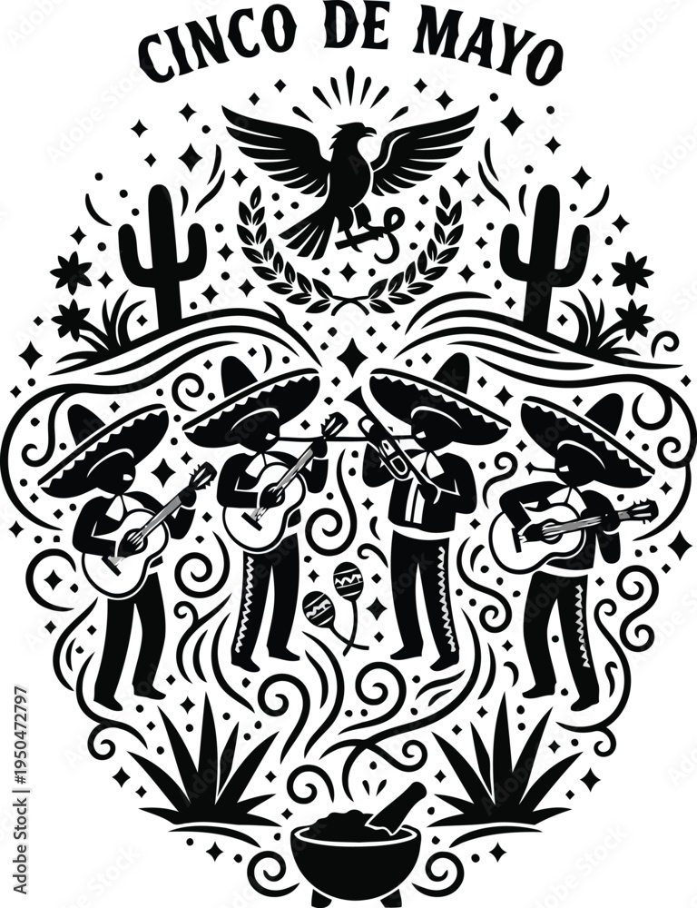 Fototapeta premium Cinco de Mayo Celebration with Mariachi Musicians Playing Guitars in Desert