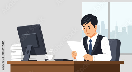 Focused businessman working at desk with computer and documents in modern office