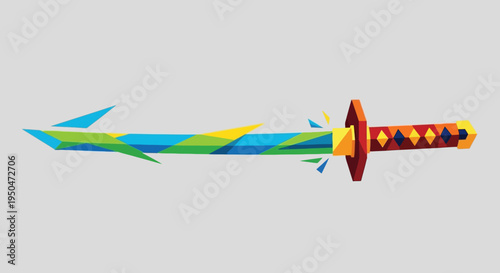 Geometric Katana Sword - Low Poly Style, Vibrant Colors, Fantasy Weapon
