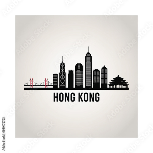 Silhouette of the hong kong skyline with iconic buildings and text