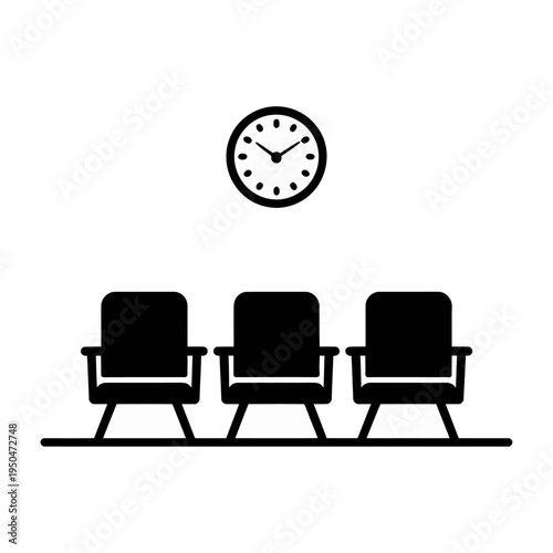 Vector of three empty chairs lined up under a clock on a wall