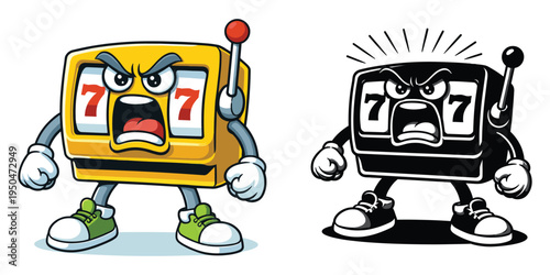 Cartoon illustration of two angry slot machines with arms and legs showing frustration and disappointment expression isolated