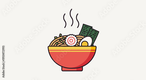 Steaming Bowl of Ramen Noodles with Egg and Seaweed - Delicious Japanese Food Illustration