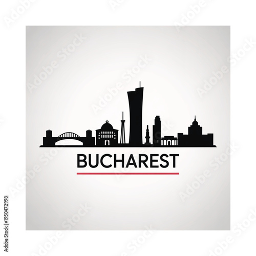 Bucharest skyline silhouette with city name in bold red lettering