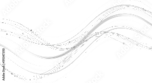 Abstract wavy stream halftone design concept with black dots texture and flowing liquid motion effect on a white background layer.