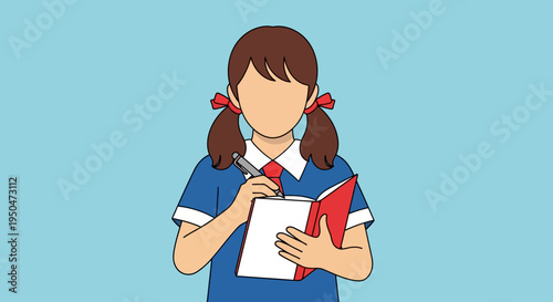 Young student girl with pigtails writing in a notebook, education concept