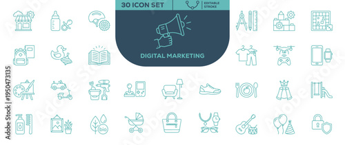 Lifestyle and Hobbies 30 Icon Set Editable Stroke Outline Vector Icons Collection for Fashion Living Family and Leisure Design