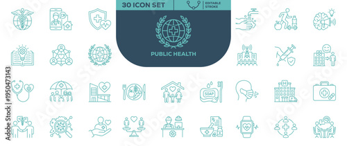 Public Health 30 Icon Set Editable Stroke Outline Vector Icons Collection for Community Healthcare Wellness and Medical Design