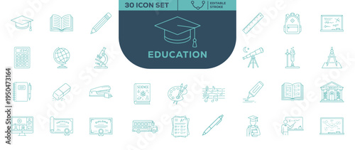 Education 30 Icon Set Editable Stroke Outline Vector Icons Collection for School Learning Academic and Knowledge Design