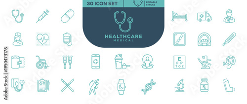 Healthcare Medical 30 Icon Set Editable Stroke Outline Vector Icons Collection for Hospital Health and Medicine Design