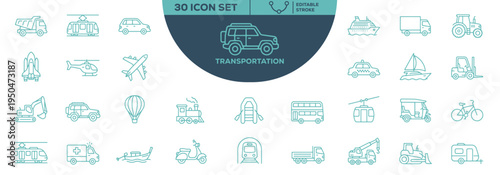 Transportation 30 Icon Set Editable Stroke Outline Vector Icons Collection for Travel Vehicle and Transport Design