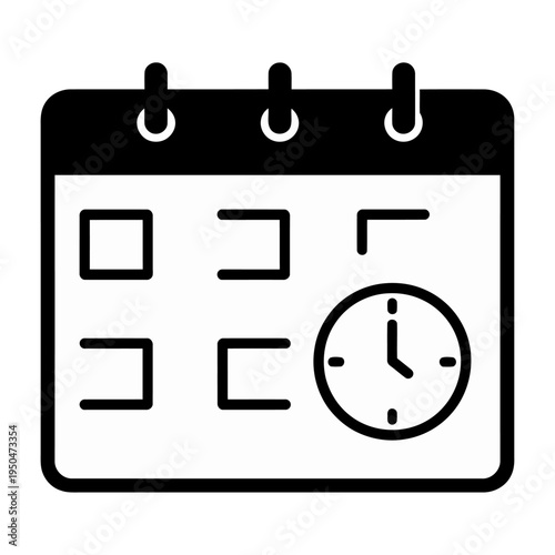 Vector icon of a spiral-bound calendar with handwritten notes and a clock for scheduling
