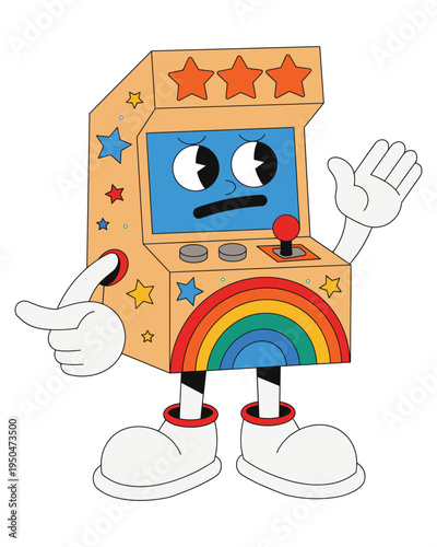 Cute anthropomorphic arcade machine character with colorful rainbow and stars waving happily and pointing out something fun