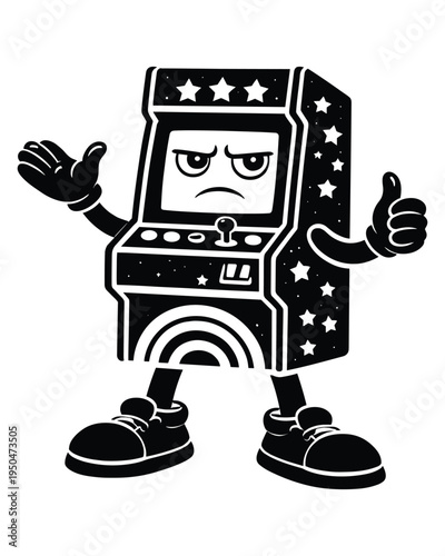 Cute anthropomorphic arcade machine character with arms and legs standing confidently with a grumpy face expression