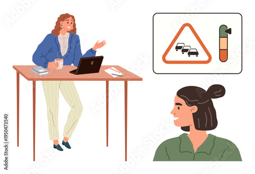 Business communication, work-life balance, traffic awareness, transportation, observation, workplace habits. Woman at desk with laptop, traffic sign person observing. Business communication