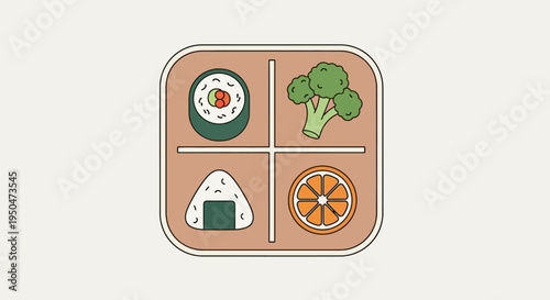 Bento Box Lunch: Sushi, Onigiri, Broccoli, Orange Slices