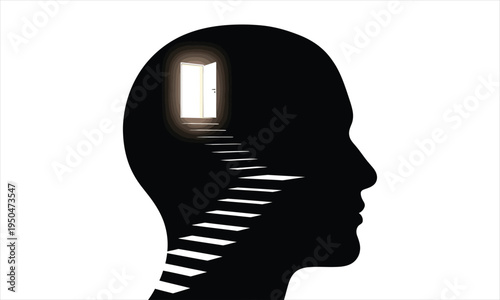 A black silhouette of a human head with a staircase leading to a door inside the brain representing a concept of thoughts or ideas isolated on white background