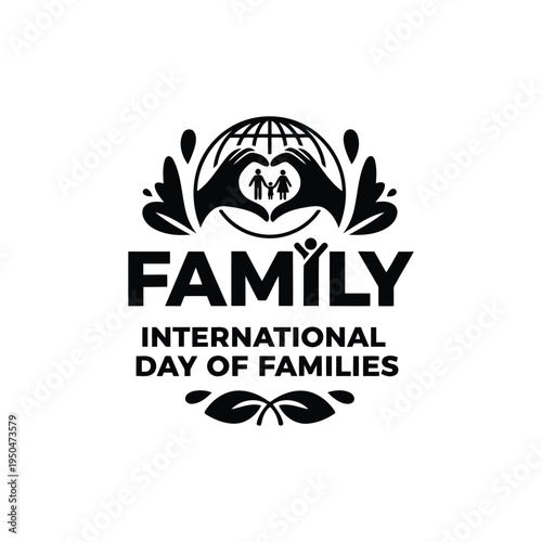 Family International Day event illustration features a heartwarming globe logo with loving hands and family icons, surrounded by leaves.