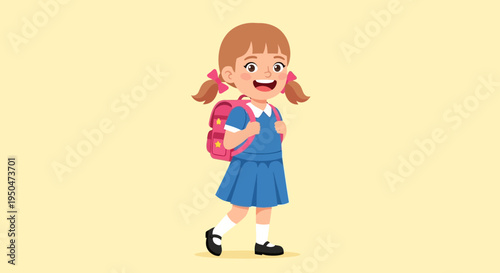Happy schoolgirl with backpack walking to school, ready for education