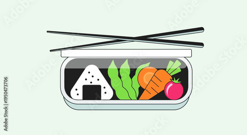 Healthy Bento Box Lunch with Onigiri, Vegetables, and Chopsticks