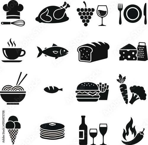 A collection of food and drink icons including utensils and dishes