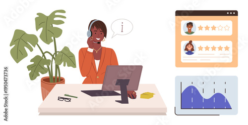 Customer service, user feedback, business analytics, communication, workplace productivity, online reviews. Woman at desk with headset, graphs and reviews displayed. Customer service and user