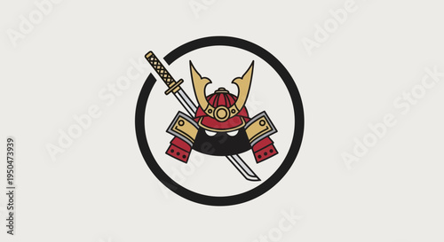 Samurai Helmet and Sword Emblem in Circle, Japanese Warrior Icon