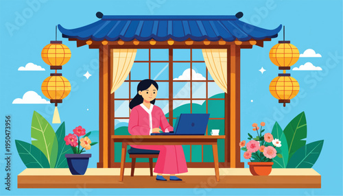 Woman Sitting at Desk in Pagoda Style Gazebo.