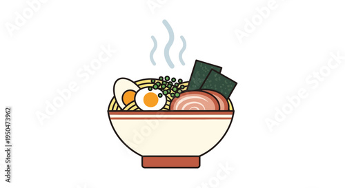 Steaming Bowl of Ramen Noodles with Pork, Egg, and Seaweed