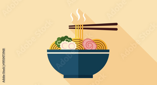 Steaming Bowl of Ramen Noodles with Chopsticks, Japanese Food Illustration