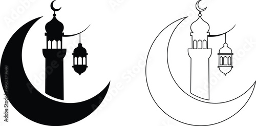 Black and white islamic crescent moon minaret lantern