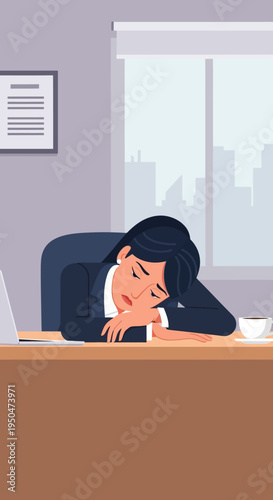 Tired businesswoman sleeping at desk in office, exhaustion, burnout, overwork concept